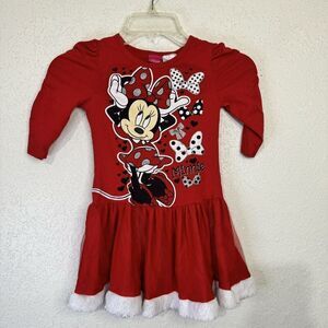 Disney Minnie Mouse Red Dress Girl Size 6 6X White Fur Trim Christmas‎